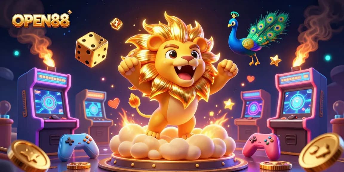 Experience exciting gaming action with OPEN88's vibrant casino scene featuring animated characters and dynamic game elements.