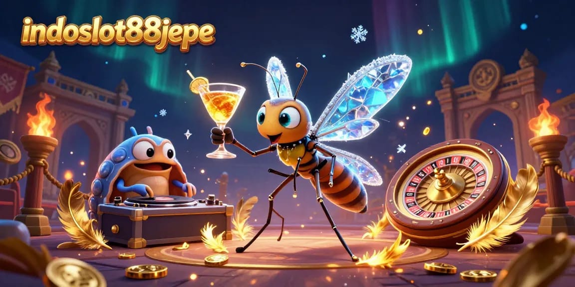 Join the excitement at indoslot88jepe with a lively casino scene featuring a unique mascot and vibrant gaming elements.