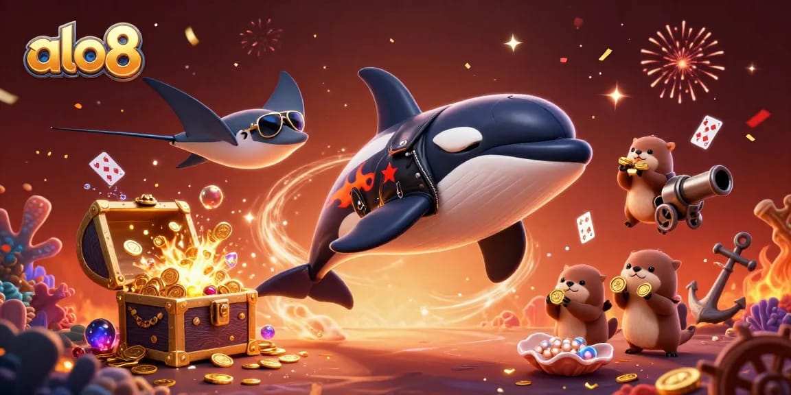 Experience thrilling games at alo8 with a vibrant underwater scene showcasing winning moments and festive elements.