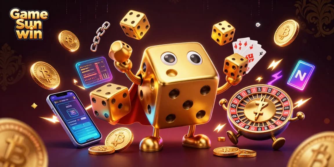 Win exciting rewards with Game Sun win in a dynamic casino scene featuring glowing cryptocurrencies and vibrant game elements.