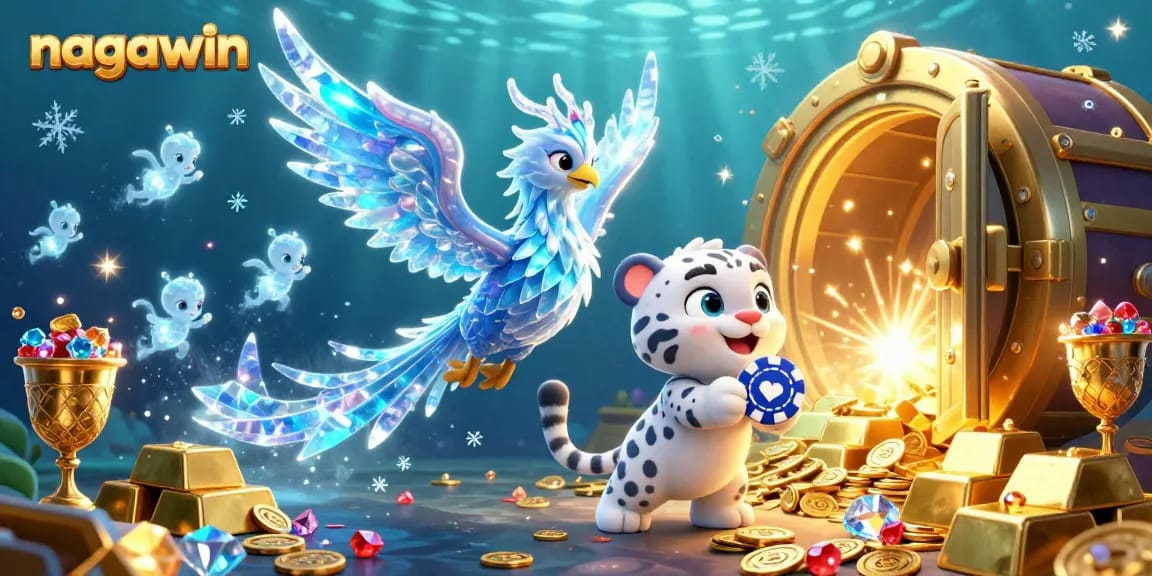 Nagawin engages players with a dazzling 3D scene of a colorful ice phoenix, captivating poker action, and dancing ice sprites