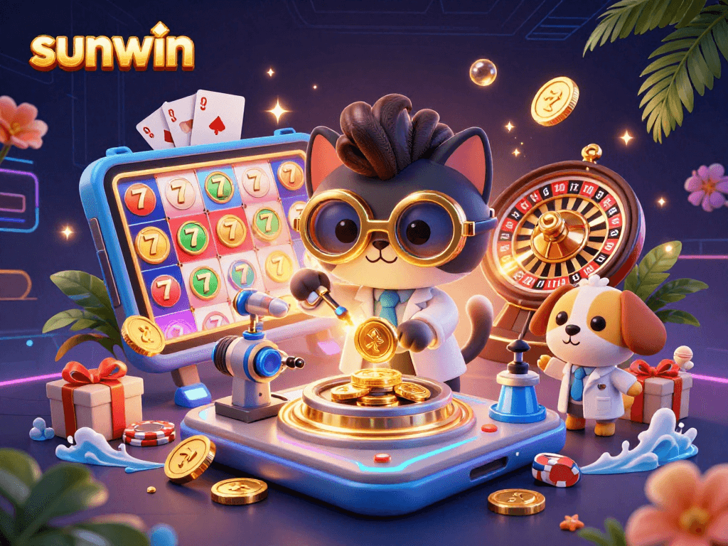 Experience the thrill of sunwin with a mad scientist cat and dog creating slot game excitement.
