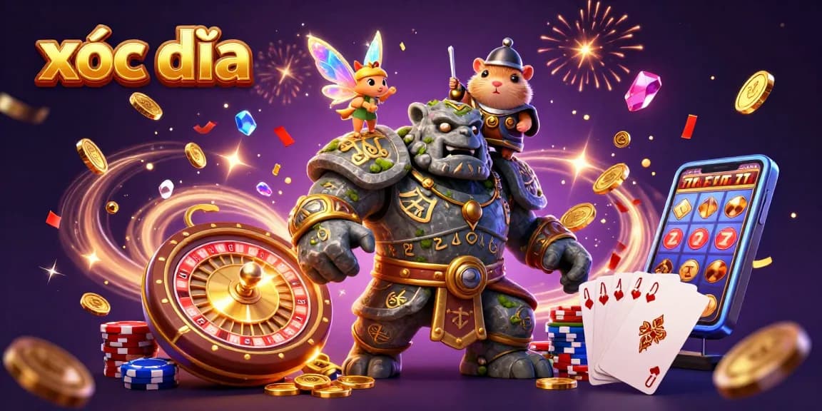xóc đĩa action scene with a magical golem guardian, fairy, and hamster knight surrounded by vibrant casino elements