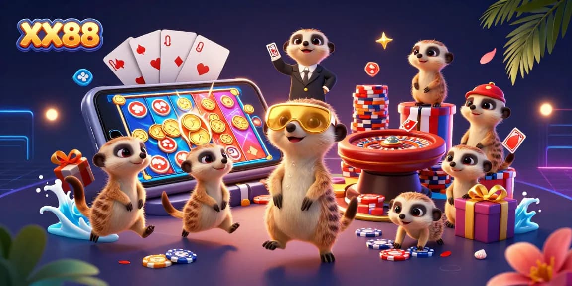 Experience thrilling wins at XX88 with fun meerkat characters managing a vibrant casino.