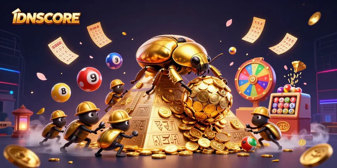 IDNSCORE platform features vibrant lottery elements amidst a golden beetle scene for engaging gaming experiences.
