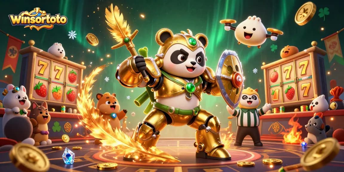 Experience thrilling action at winsortoto with a vibrant casino scene featuring a mech-suit golden panda.