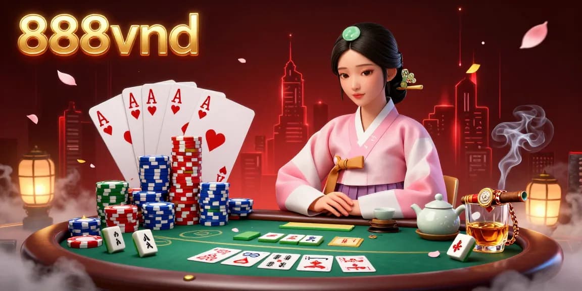 Experience the vibrant energy of 888vnd with a captivating casino-themed scene filled with poker elements.