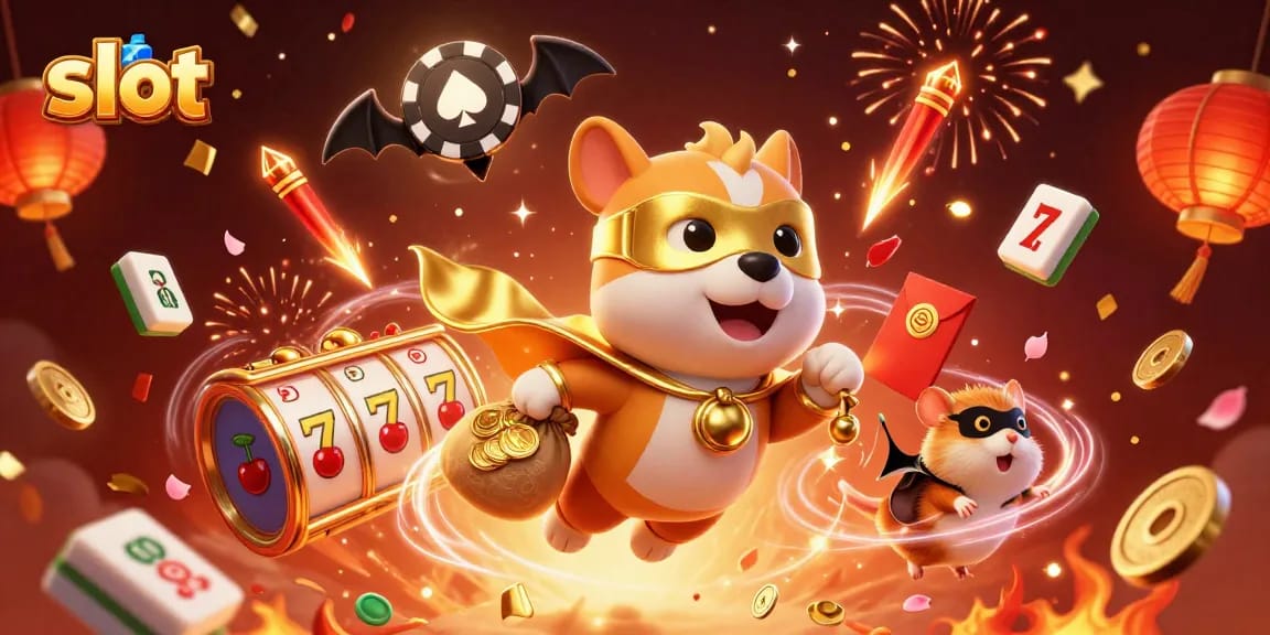 Slot permainan mewah dengan anjing superhero dan hamster, simbol keberuntungan bersinar