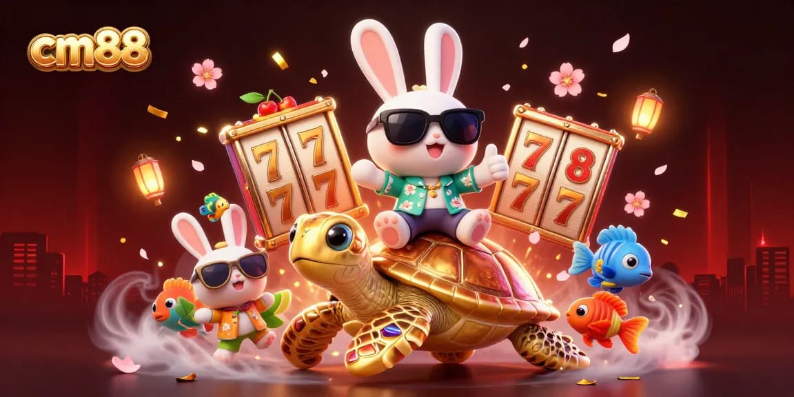 Experience thrilling gameplay at cm88 with a 3D cartoon lucky rabbit and golden turtle in a vibrant casino setting.