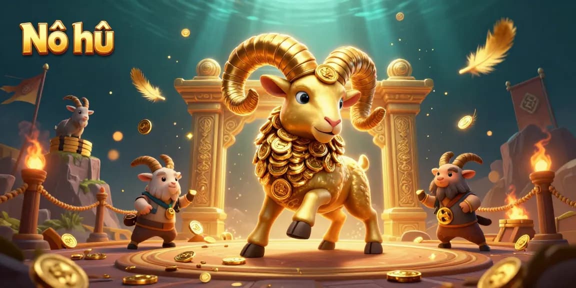 Nổ hũ game spins to victory with a golden ram and sparkling casino elements surrounding
