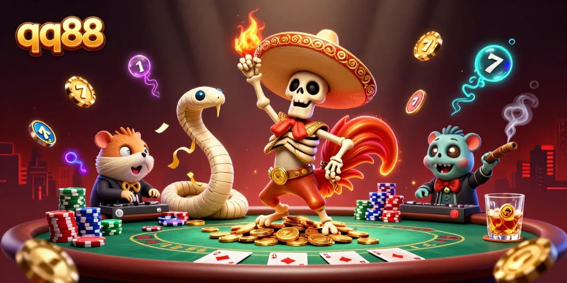 Players enjoy an exciting qq88 gaming experience amid animated characters celebrating their victories.