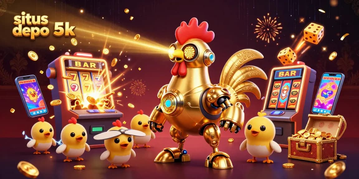 Engage in situs depo 5k thrills featuring golden rooster robot amidst jackpot slot excitement.