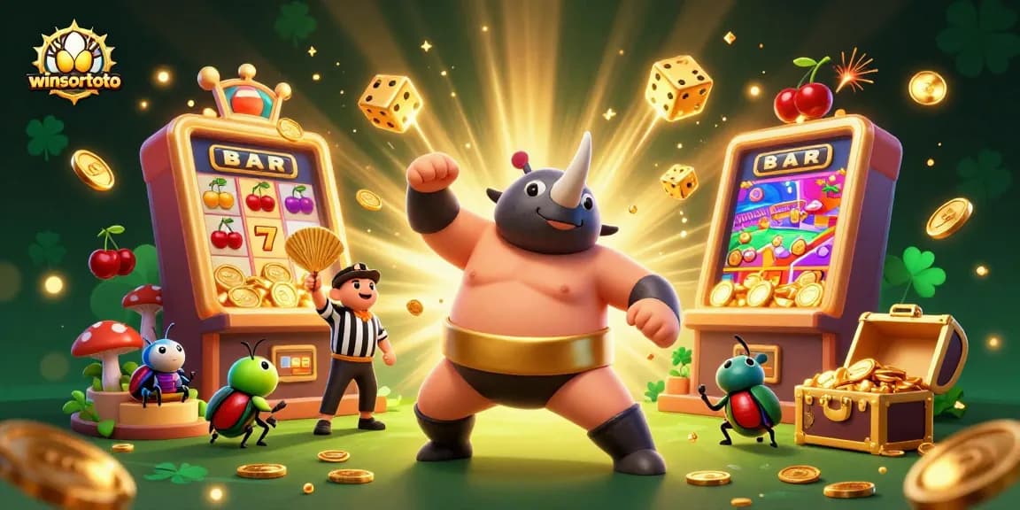 Winsortoto jackpot scene with vibrant characters and dynamic casino elements celebrating a win.