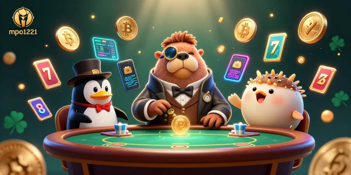 Dalam permainan mpo1221, walrus ceria berjubah Victorian memimpin di meja poker, dikelilingi koin Bitcoin dan Ethereum.