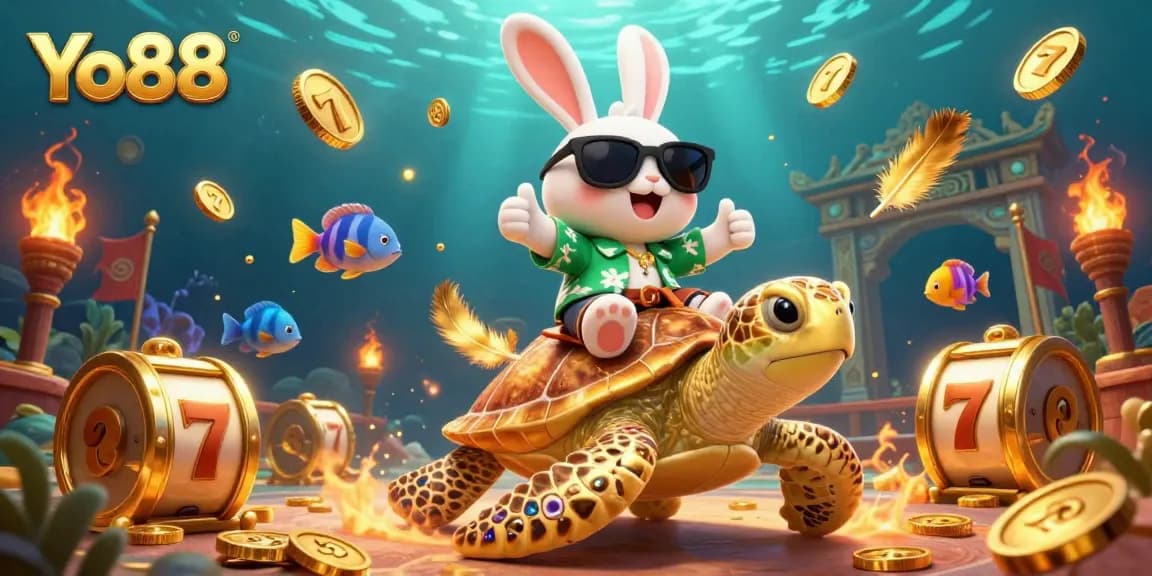 Join the thrilling online adventure at Yo88, featuring a whimsical rabbit and golden sea turtle amidst vibrant casino elements.