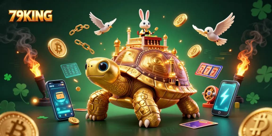 Engage in thrilling gaming at 79KING, featuring a golden tortoise casino and crypto elements.