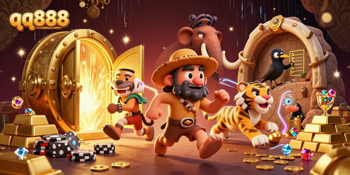 Experience the excitement of qq888 with a vibrant prehistoric casino scene, featuring unique characters and rich gambling elements.