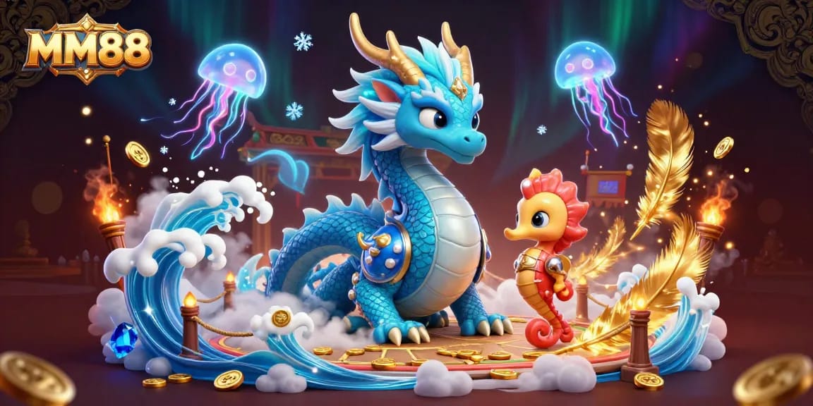 Experience MM88's vibrant gambling world with a dragon, seahorse knight, and glowing jellyfish.