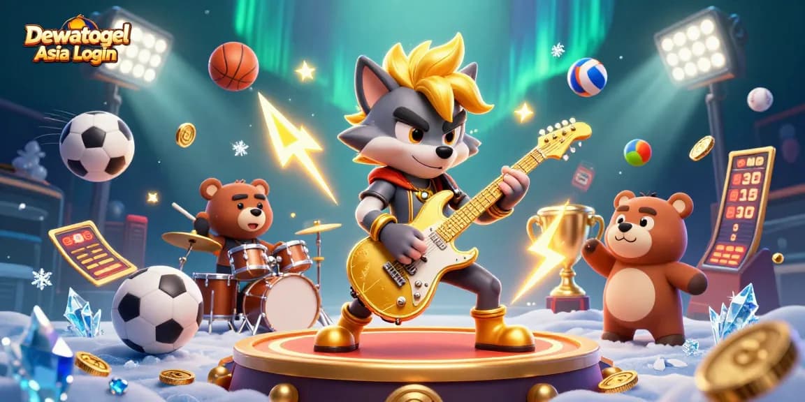 Dewatogel Asia Login shows a vibrant scene of a rocking wolf and a drumming bear on stage with sports elements.