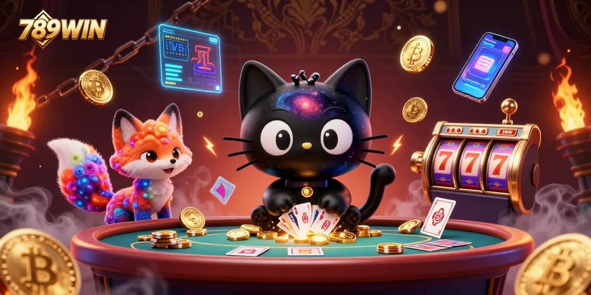 Engage in thrilling casino action with 789WIN featuring a cosmic cat pulling in chips and cards.