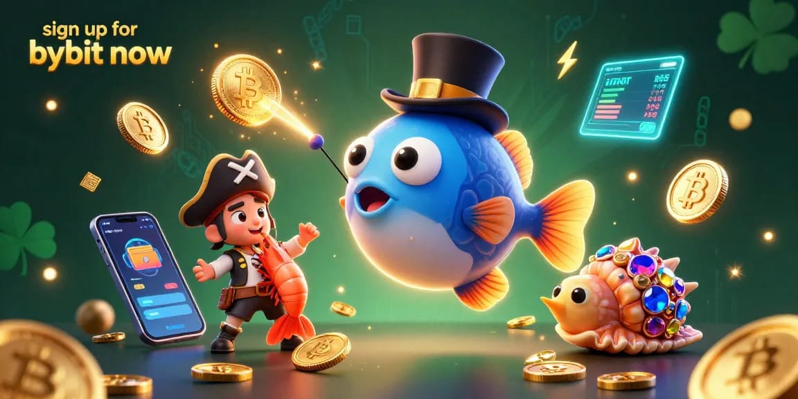 Sign up for Bybit now and engage with our crypto-themed deep-sea adventure illustration.