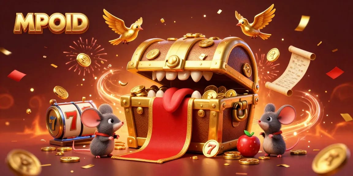 MPOID engages players with a vibrant 3D slot game scene featuring a treasure chest, golden birds, and animated game elements.