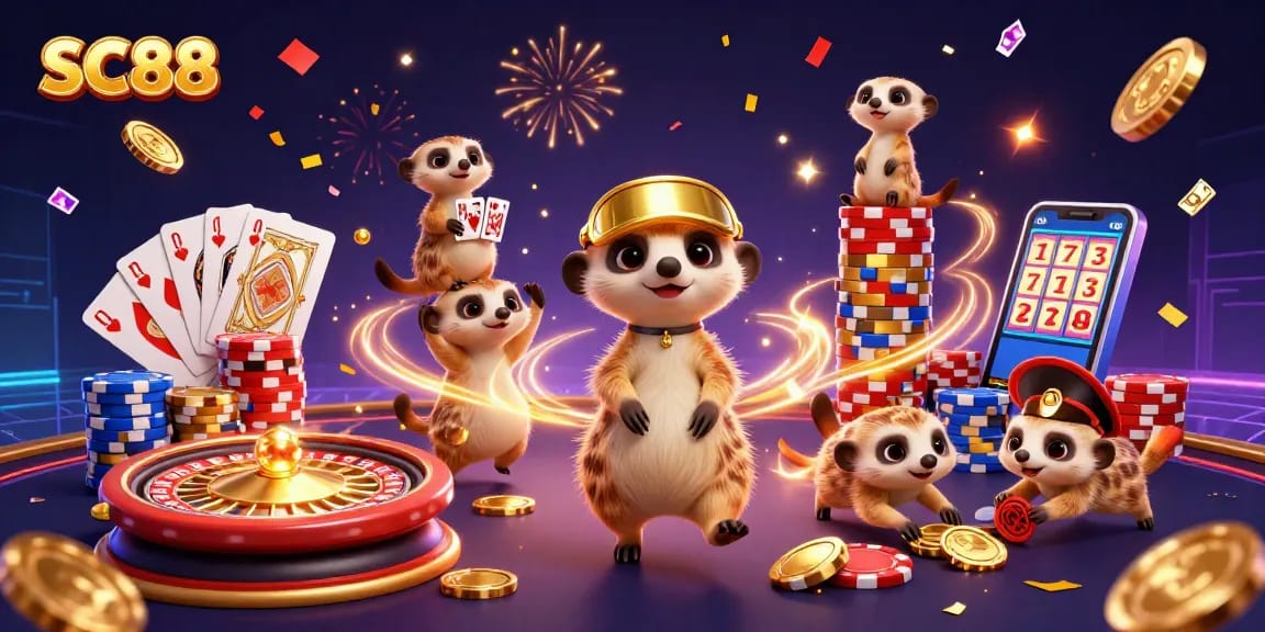 Engaging SC88 illustration of meerkats celebrating with casino elements, showcasing fun and excitement.