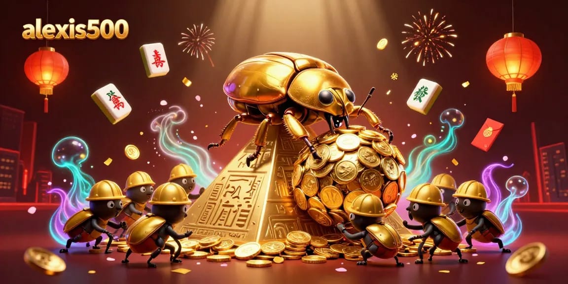 Engage in thrilling gameplay with alexis500 as golden dung beetles roll coins in a vibrant casino-inspired scene.