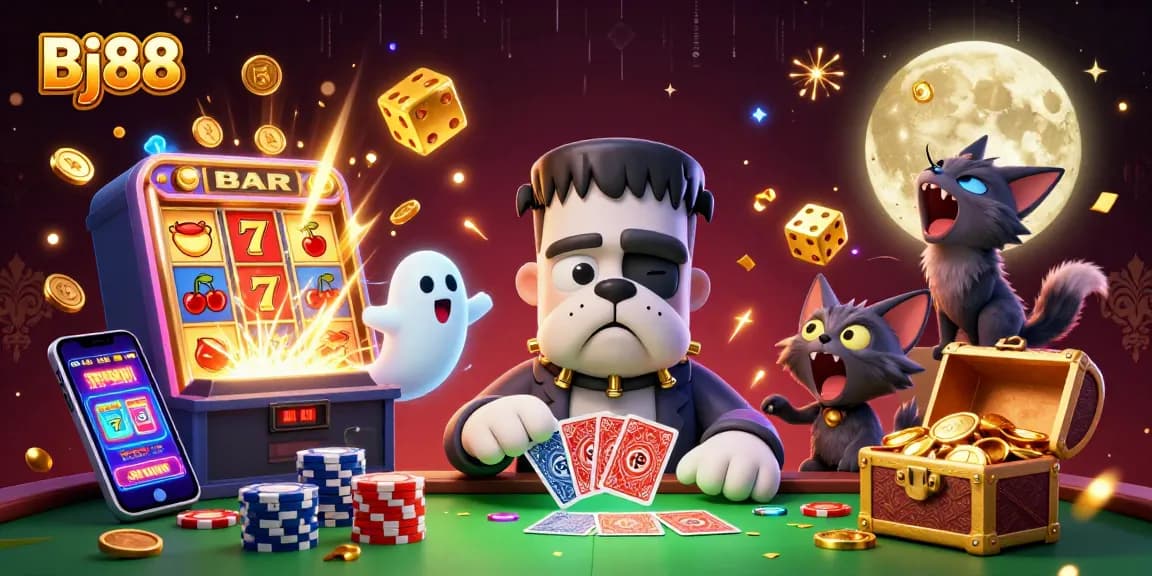 Bj88 features a lively scene of a Frankenstein bulldog dealer, adding excitement to your gaming experience.