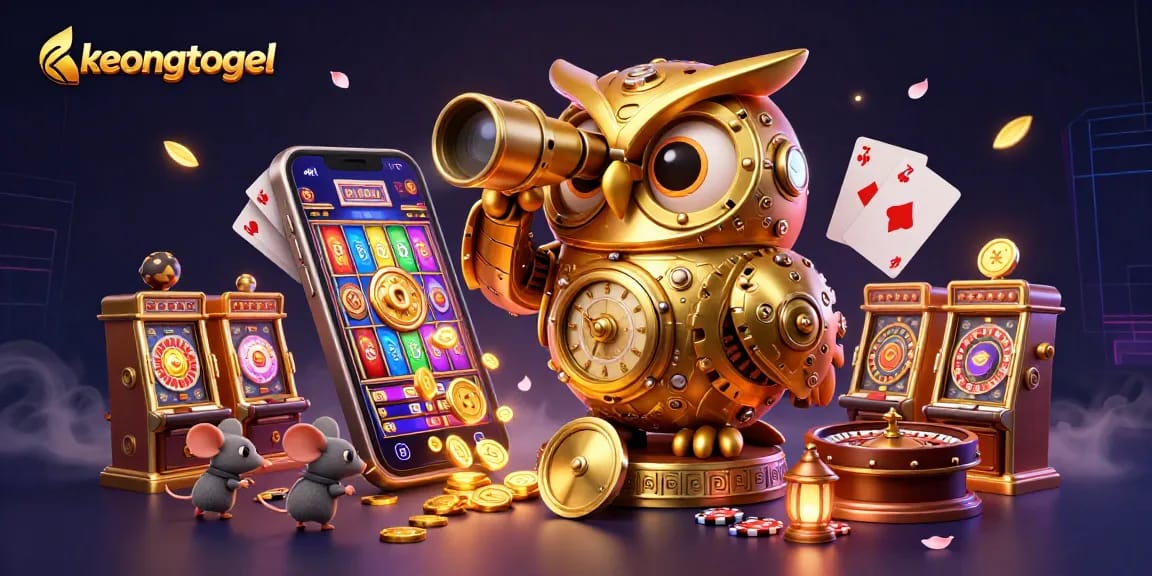 Engage in thrilling gameplay with keongtogel, featuring a golden owl and vibrant casino elements.