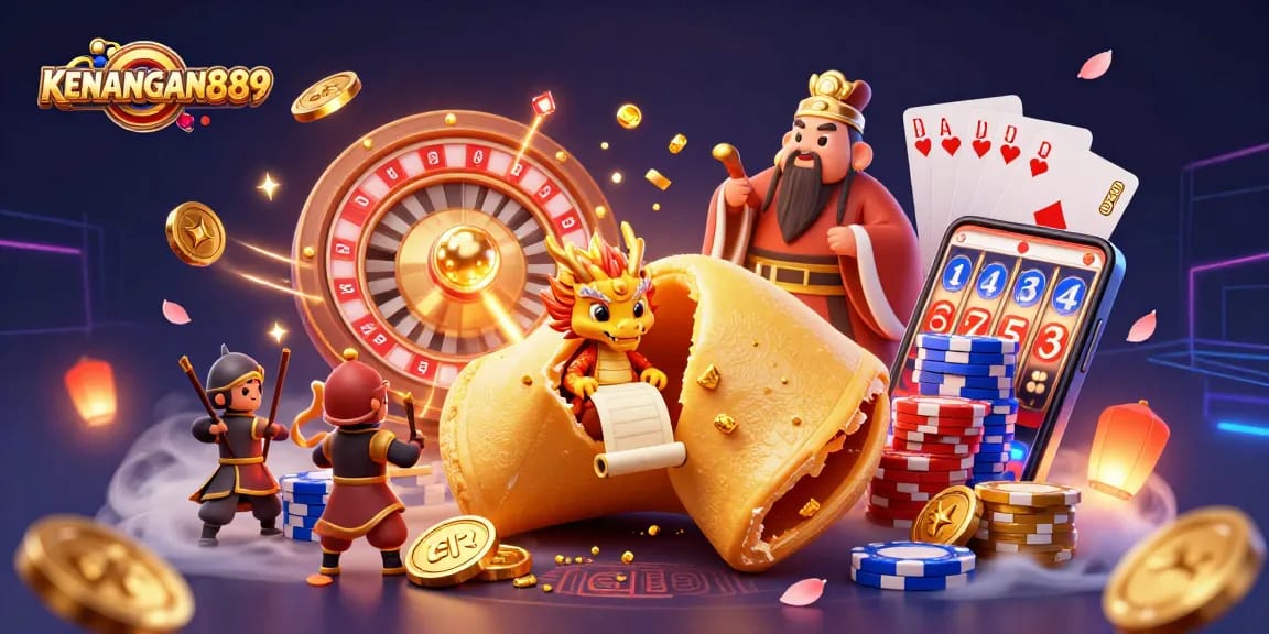 Spin and win big with KENANGAN889: a vibrant casino illustration featuring fortune cookie and dragon.