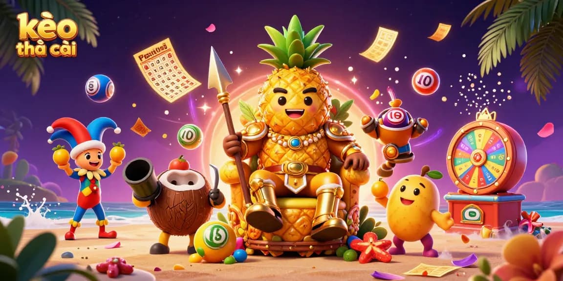 Engage with the dynamic kèo nhà cái scene featuring a golden pineapple king, coconut guards, and colorful lottery balls in a vibrant beach casino.
