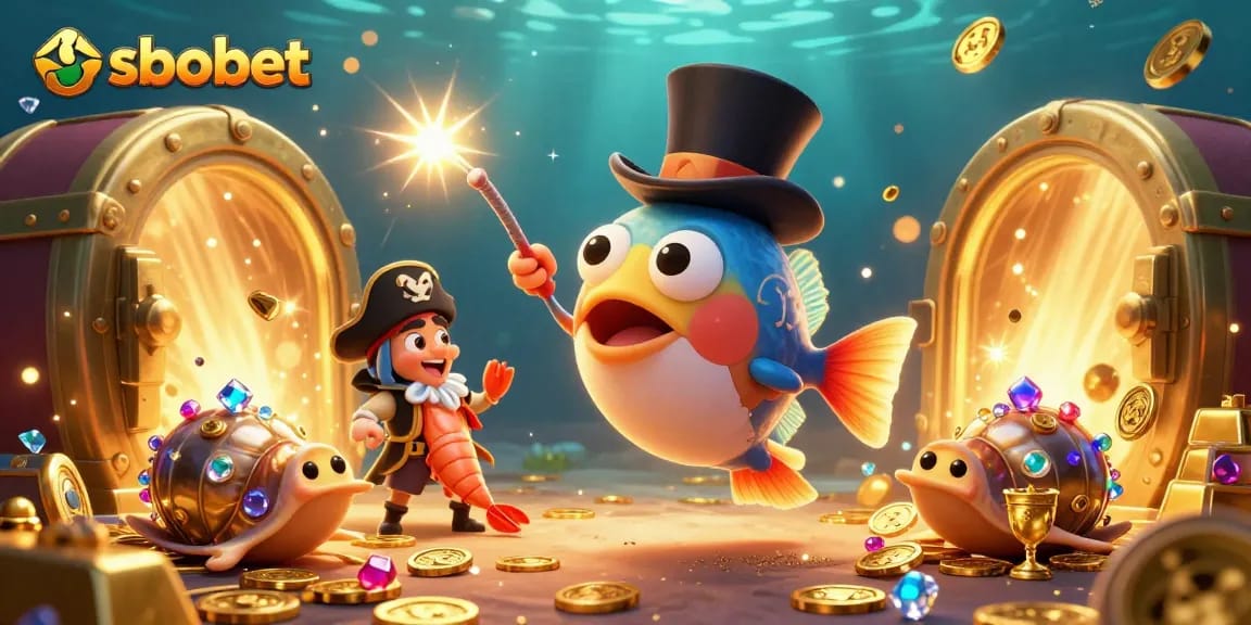 Experience sbobet with a vibrant underwater treasure scene featuring an anglerfish, pirate shrimp, and gemstone snail.