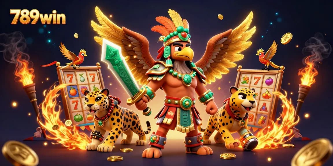Engage with 789win's vibrant gaming world featuring Aztec warriors, slot reels, and golden elements.
