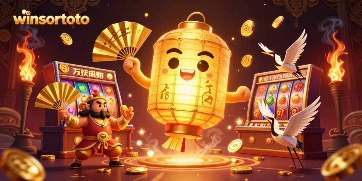 Experience winsortoto with a vibrant casino scene featuring golden lantern spirit and slot machines.