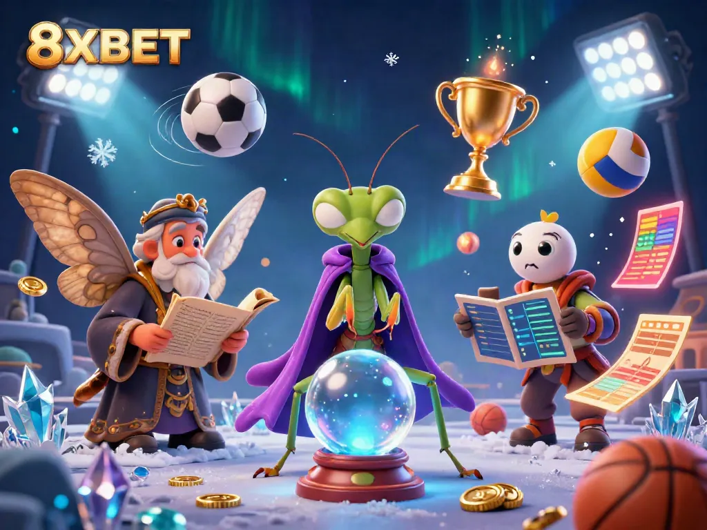Dive into 8XBET's vibrant casino scene featuring a whimsical fortune teller with dynamic sports elements.