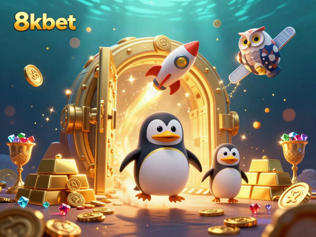 Experience thrilling wins with 8kbet: A golden penguin flying towards a poker chip space casino.