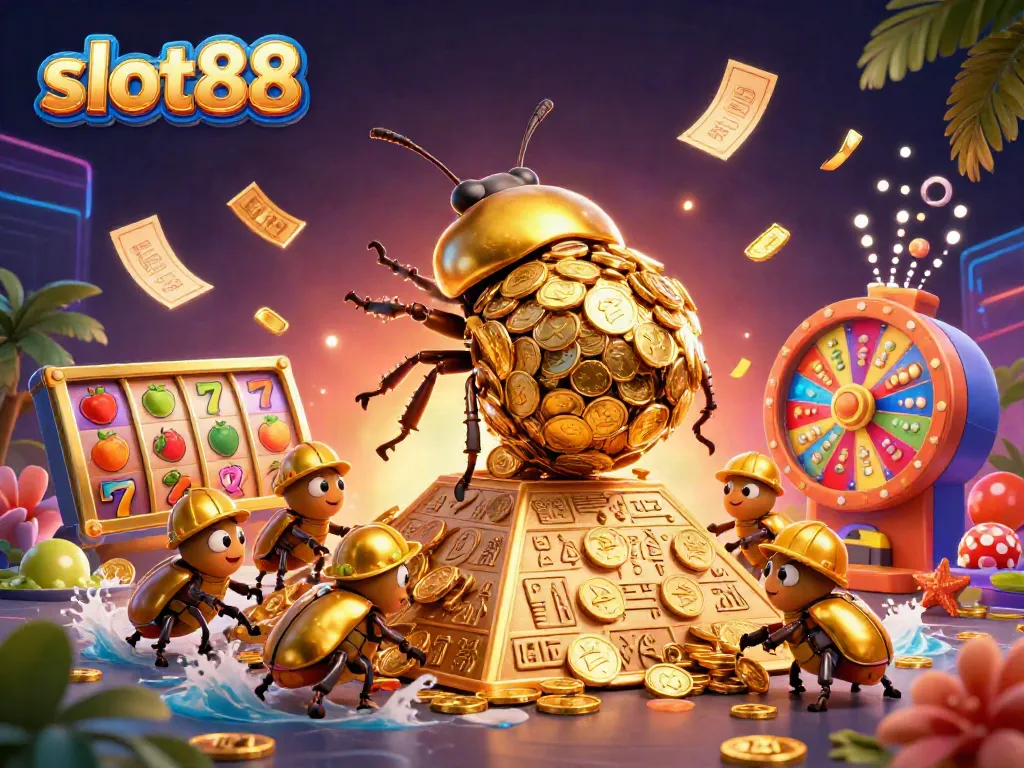 Ilustrasi menampilkan slot88 dengan kumbang emas raksasa menggelindingkan koin emas di piramida.