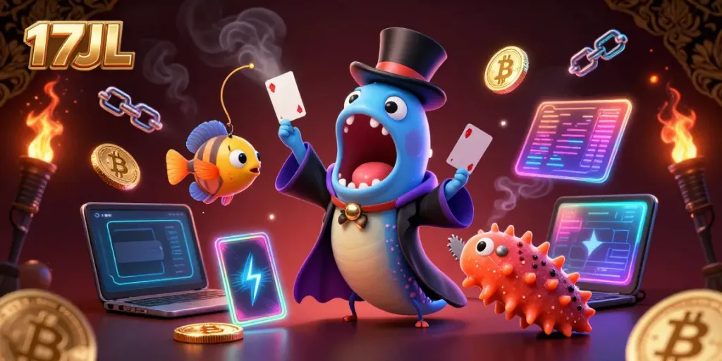 Engage with thrilling card tricks by 17JL characters amid dazzling cryptocurrency elements.