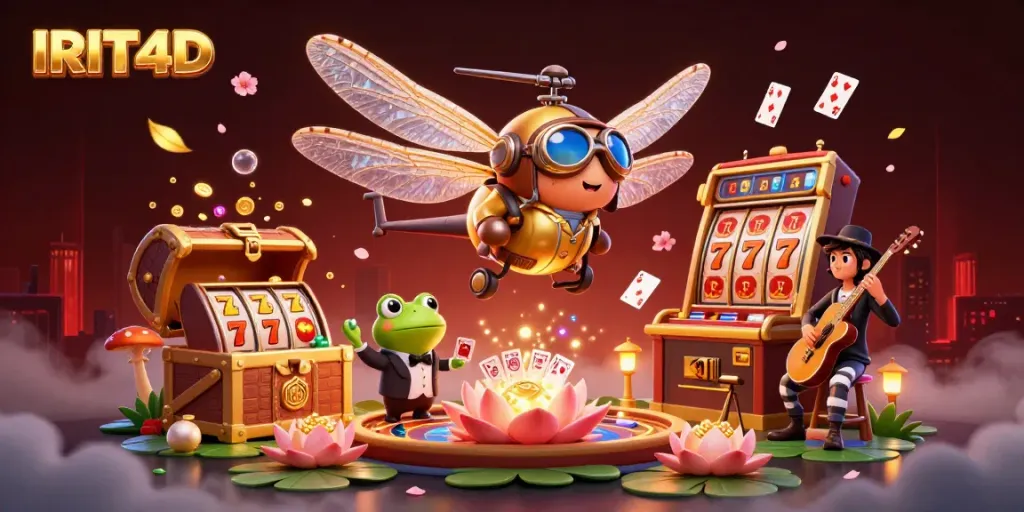 Play thrilling games at IRIT4D's vibrant lily pad casino with dragonfly pilot and frog dealer