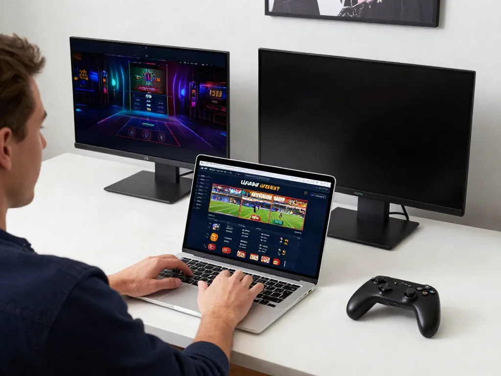 Person using UFABET platform on laptop with vibrant sports betting visuals and modern workspace.