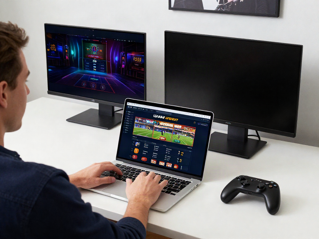Person using UFABET platform on laptop with vibrant sports betting visuals and modern workspace.