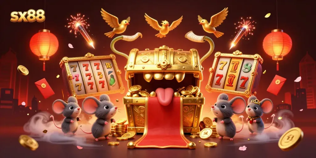 Experience thrilling adventures with the sx88 treasure chest and riches in a vibrant casino scene.
