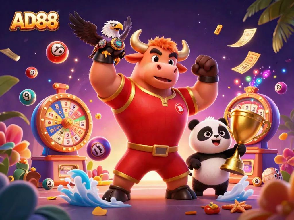 Experience AD88 with lively characters celebrating casino wins and dynamic gaming elements.