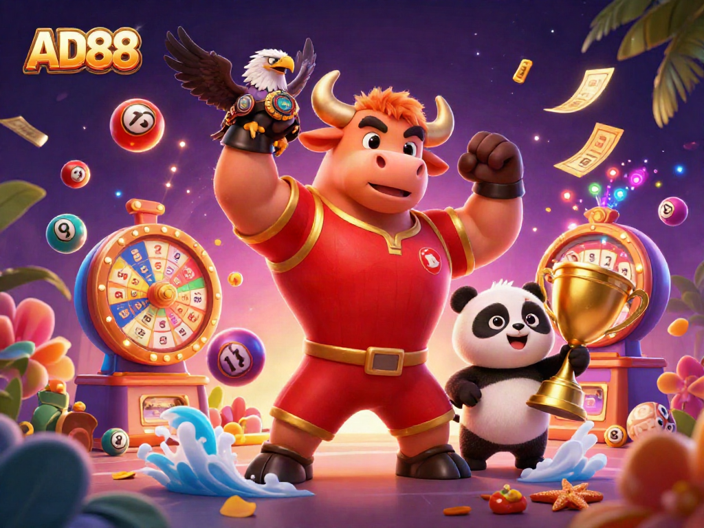 Experience AD88 with lively characters celebrating casino wins and dynamic gaming elements.