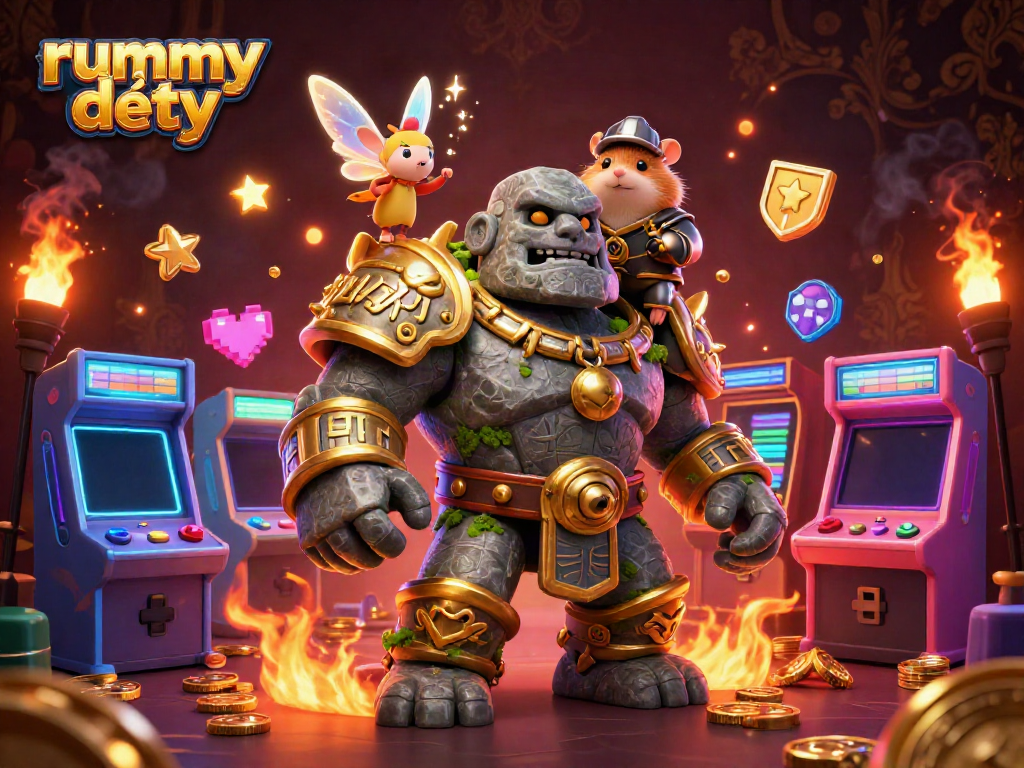 Gambarkan permainan rummy deity dengan golem, peri, dan ksatria hamster beraksi