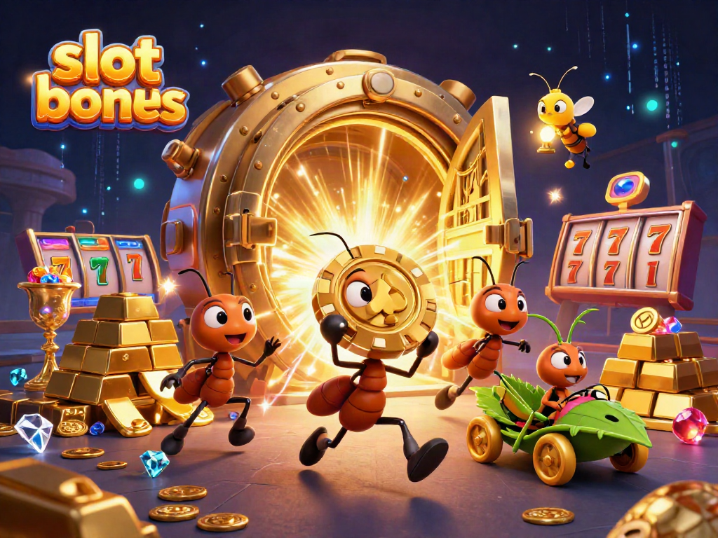 Ants carrying a golden poker chip while surrounded by slot bonus symbols and treasures in a casino heist scene.