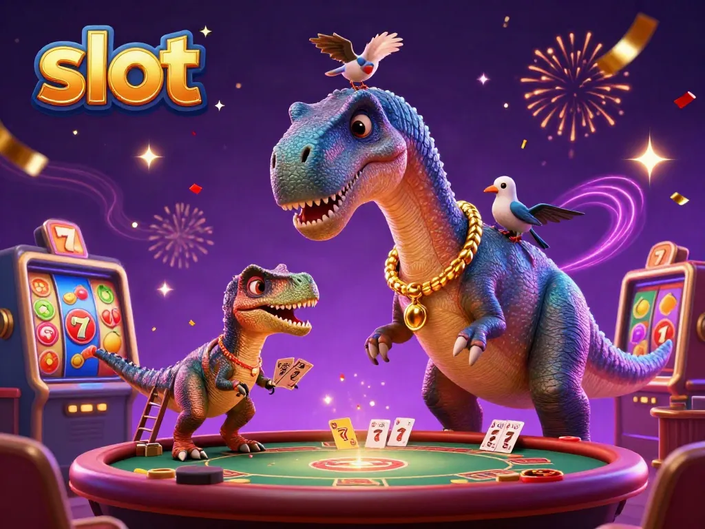 Interactive slot scene with a brontosaurus and raptor dealing cards among vibrant casino elements.