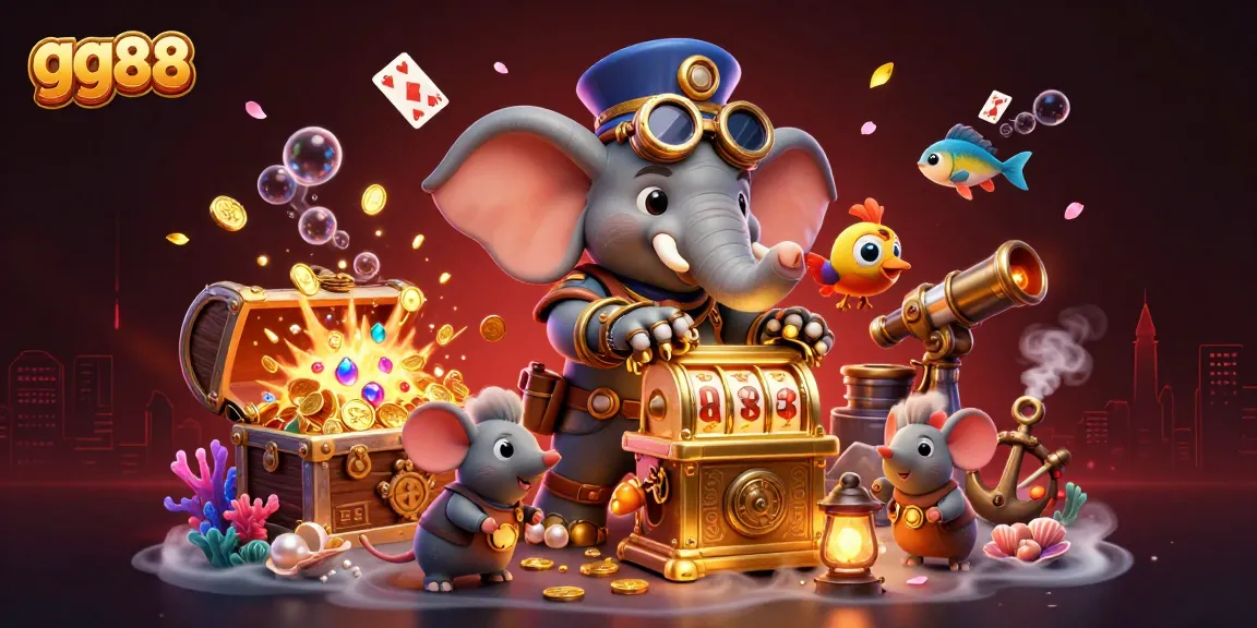 Win big at gg88 with a dynamic scene featuring a charming steampunk elephant and colorful casino elements.