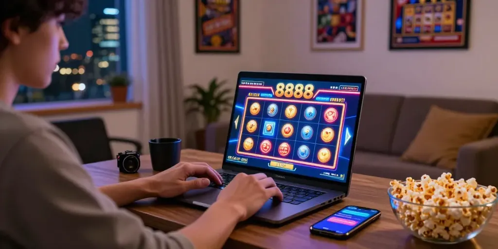 Person engaging with slot888 online gaming on a laptop with vibrant graphics, cozy home setup.